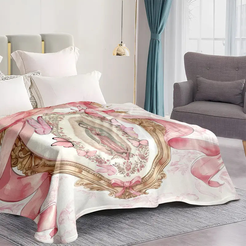 Virgin Mary Our Lady of Guadalupe Pink Bow Frame Flannel Blanket
