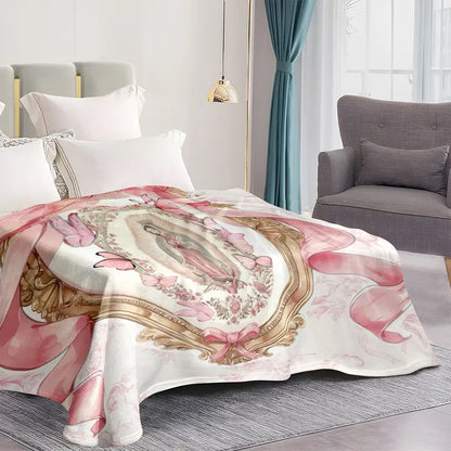 Virgin Mary Our Lady of Guadalupe Pink Bow Frame Flannel Blanket