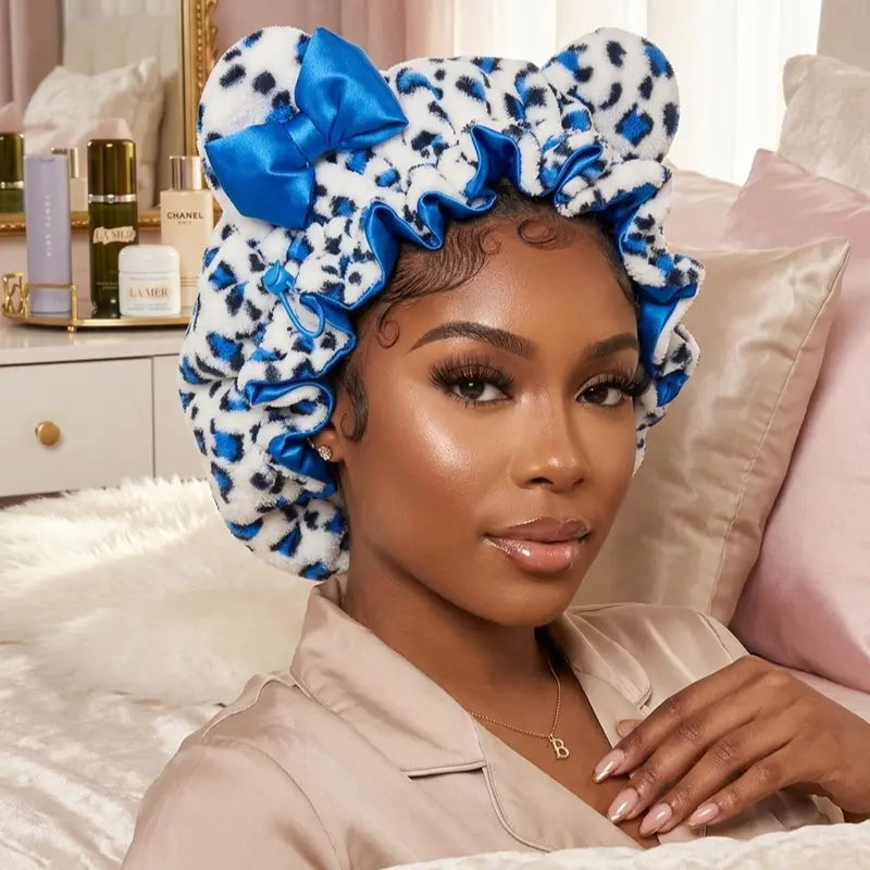 Leopard Print Satin Sleep Cap – Plush Bear Ear Hair Protection