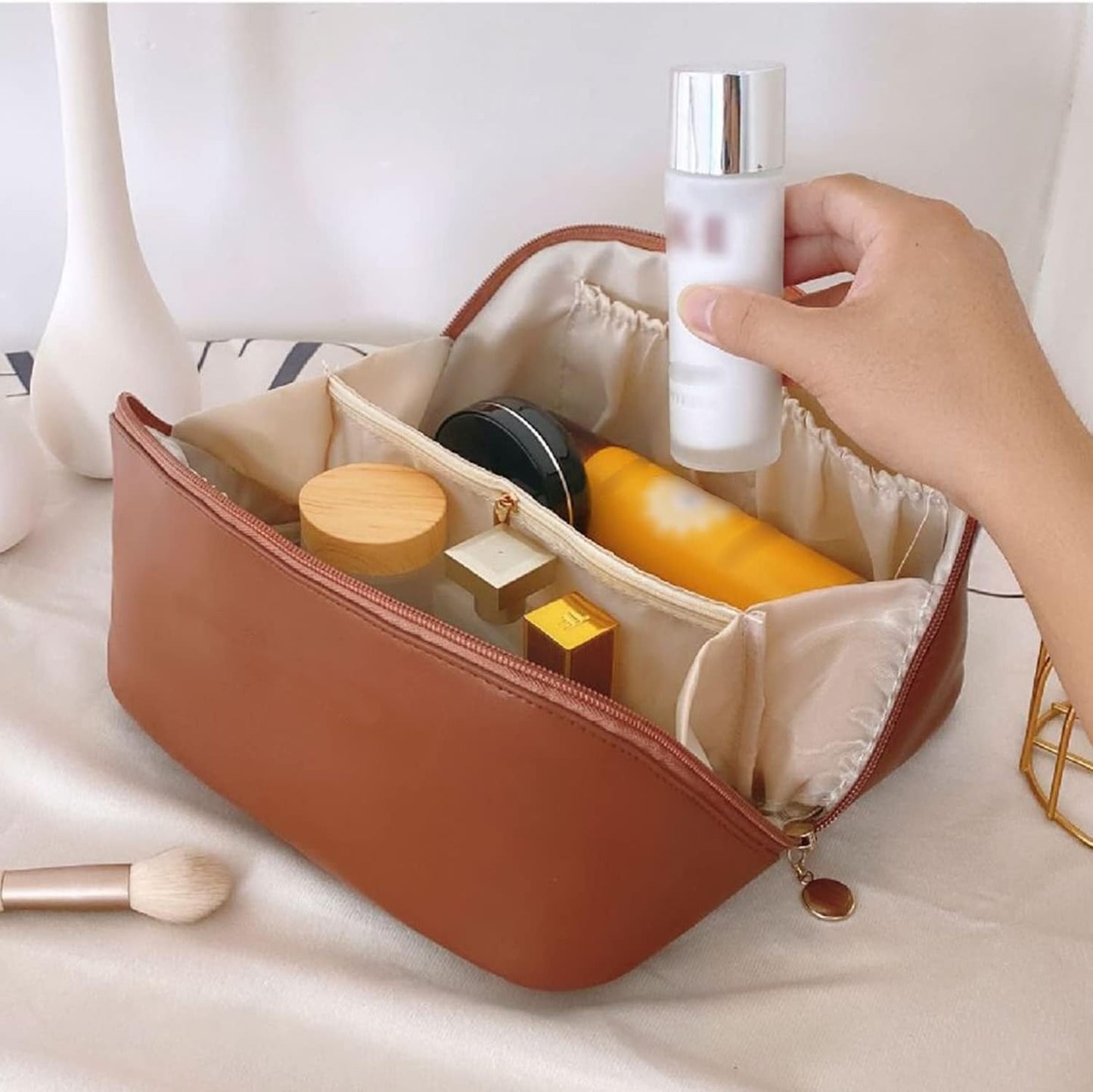 PU Leather Waterproof Makeup Pouch – Travel Cosmetic Organizer, 4 Colors
