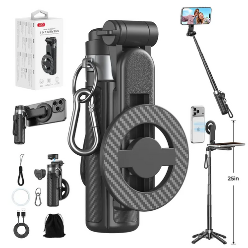 Upgrated 4-in-1 Magnetic Selfie Stick with Remote for Cell Phone 360° Rotation