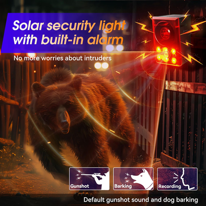 Solar Motion Sensor Alarm – 130dB Wildlife Deterrent with Flashing Lights