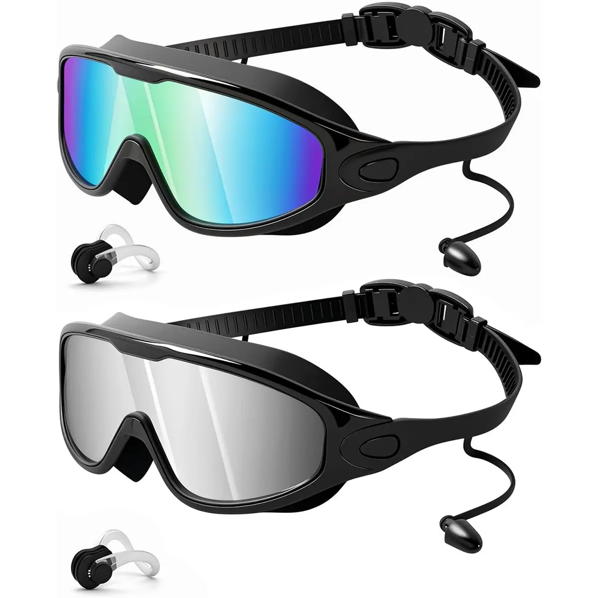 2 Pack Swim Goggles with Waterproof Earplugs & Nose Clip