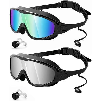 2 Pack Swim Goggles with Waterproof Earplugs & Nose Clip