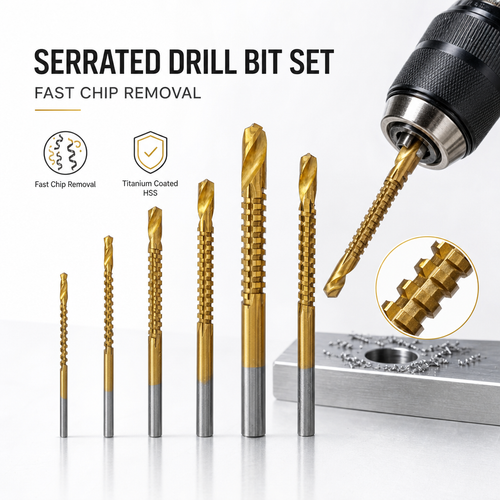 Titanium HSS Serrated Drill Bit Set – 6-Pack, 3–8mm, Fast Chip Removal