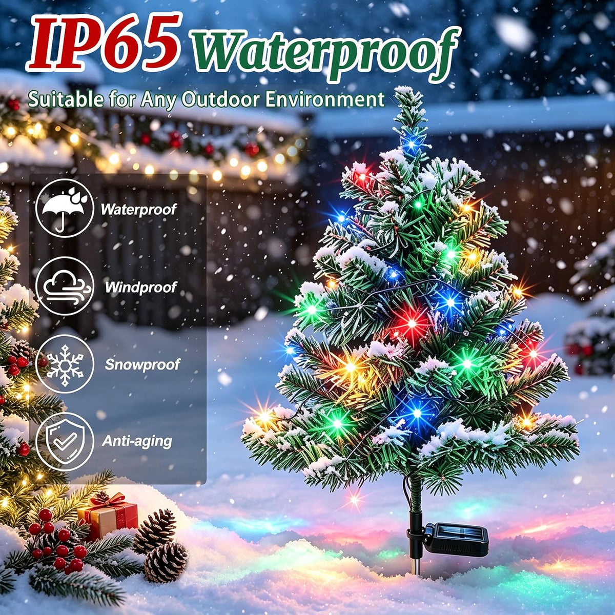 Solar Christmas Tree Lights, 2 Modes, IP65 Waterproof Outdoor Decor
