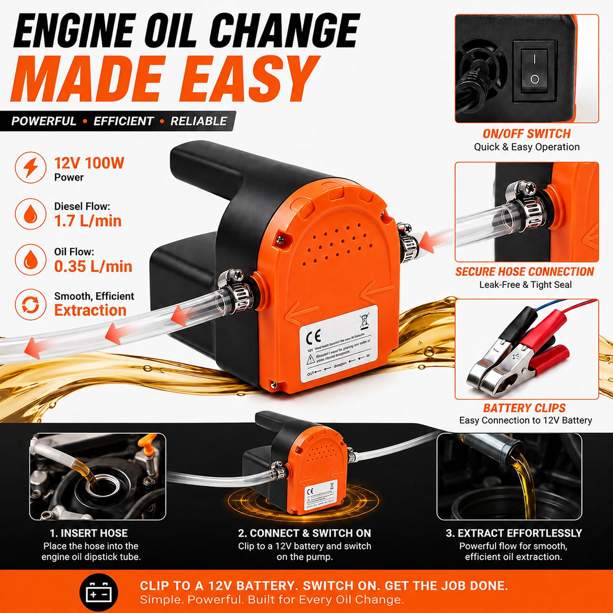12V Oil Extractor Pump — Electric Oil Change Transfer Pump