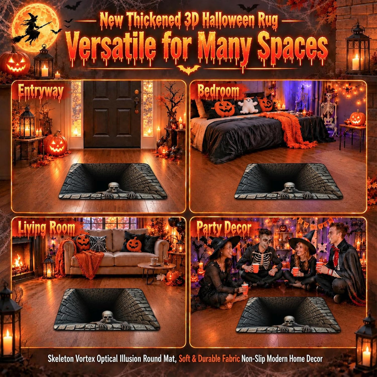 3D Halloween Skull Doormat – Optical Illusion Crystal Velvet Rug