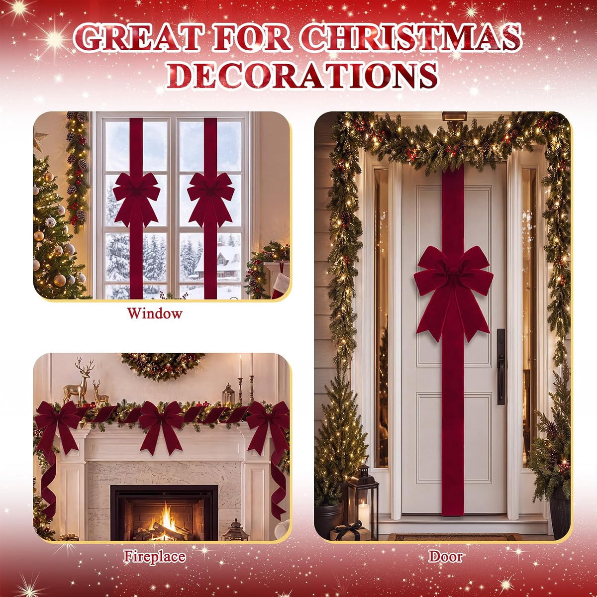 Burgundy bows styled on windows, a doorway and a mantel