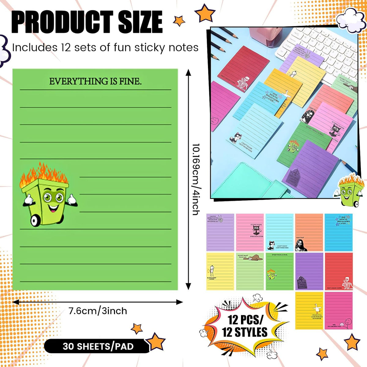 12 Pcs Funny Sticky Notes for Work 4x3''