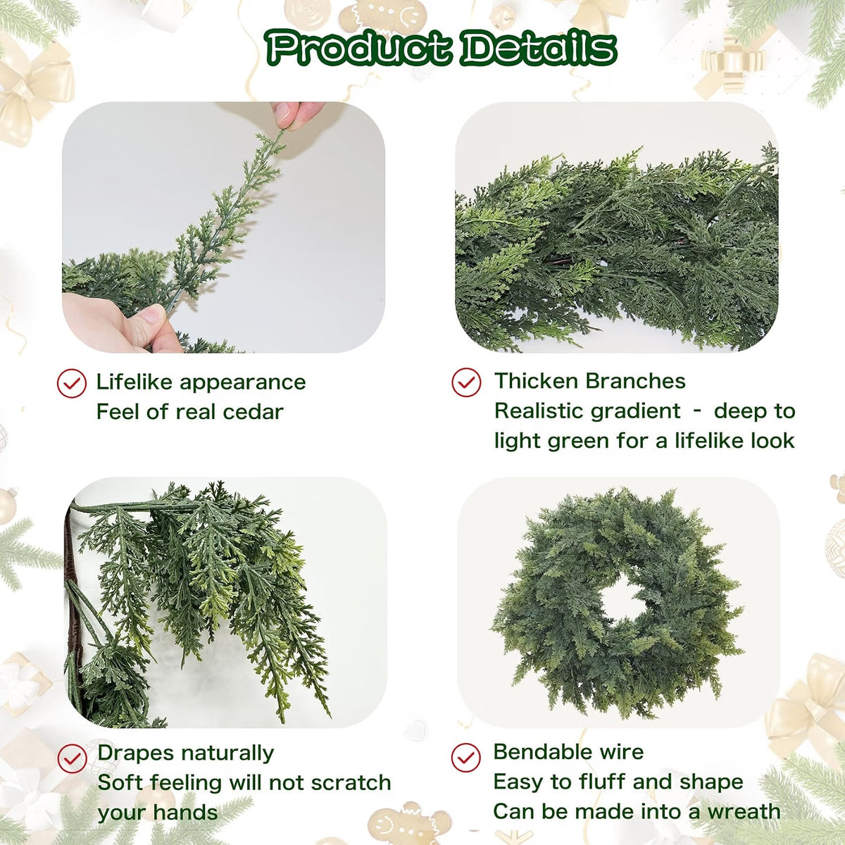 Artificial Christmas Cedar Garlands – Realistic Faux Greenery for Fireplace & Holiday Home Decor