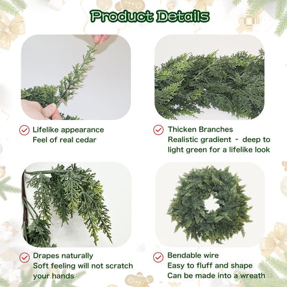 Artificial Christmas Cedar Garlands – Realistic Faux Greenery for Fireplace & Holiday Home Decor