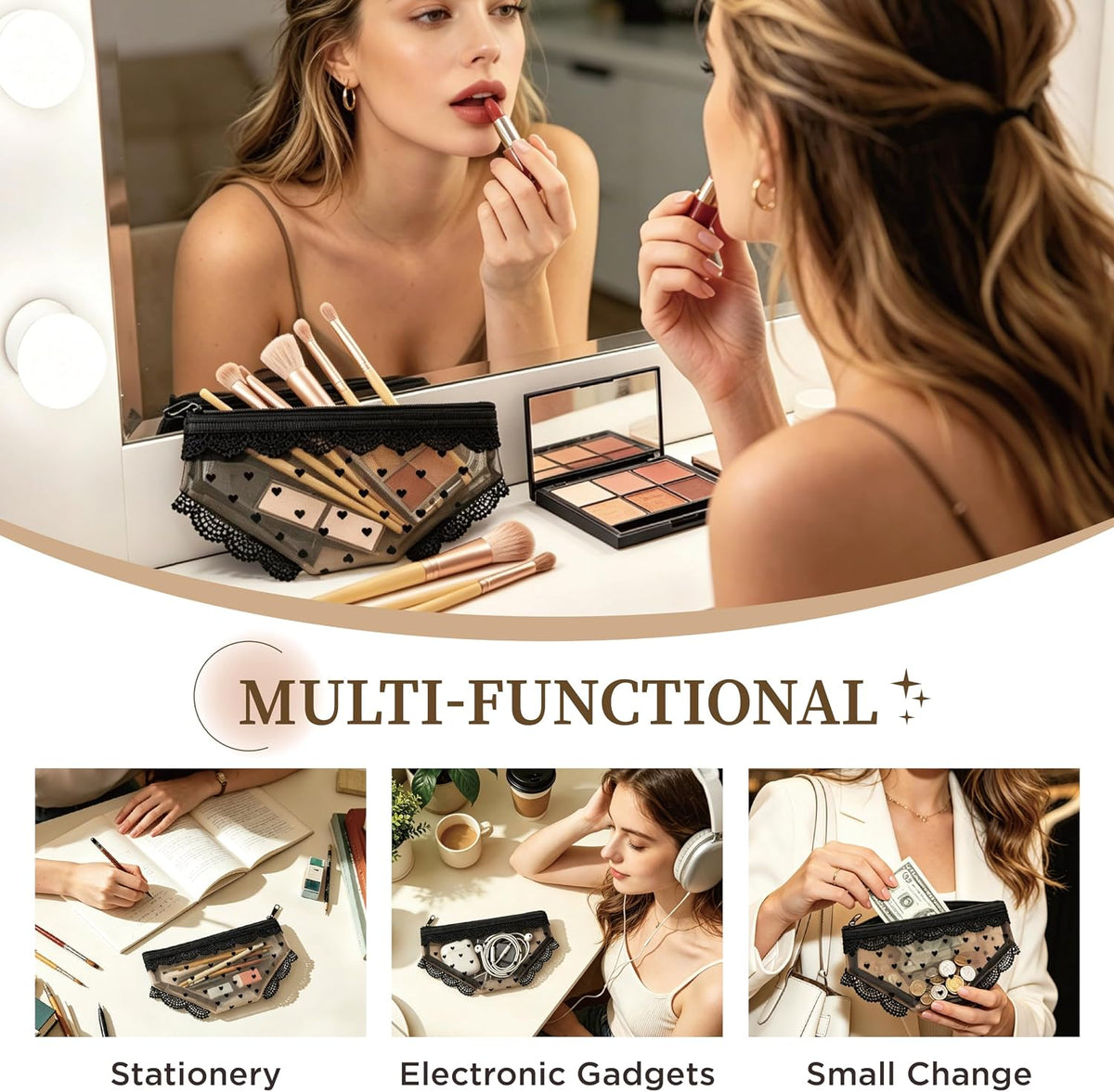 Cute Lace Triangle Briefs Shape Mesh Makeup Bags