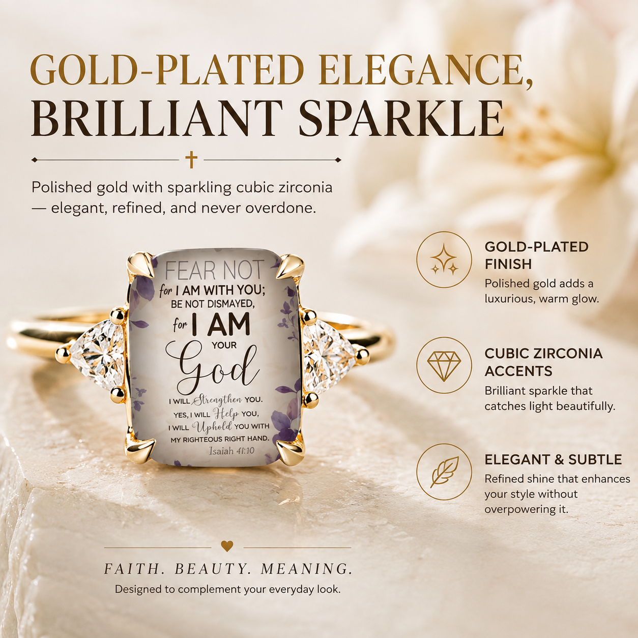 Women's Adjustable Christian Scripture Ring – Gold-Plated CZ Jewelry