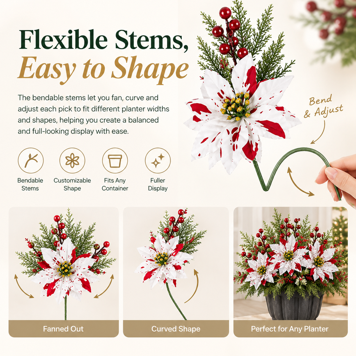 🌺🎄Christmas Poinsettia Planter Inserts – Set of 6 Holiday Floral Picks