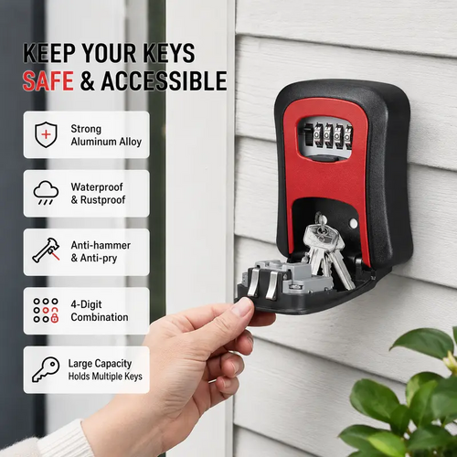 Wall Mount Key Lock Box - 4 Digit Combination Lockbox for Keys Safe Security Storage