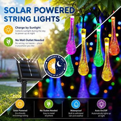 Solar Water Drop String Lights – 8 Modes, IP44 Waterproof Outdoor Lights