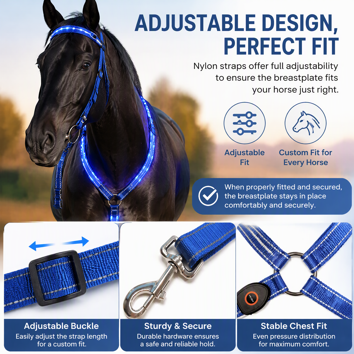 Adjustable LED Horse Breastplate – Rechargeable Night Visibility Harness