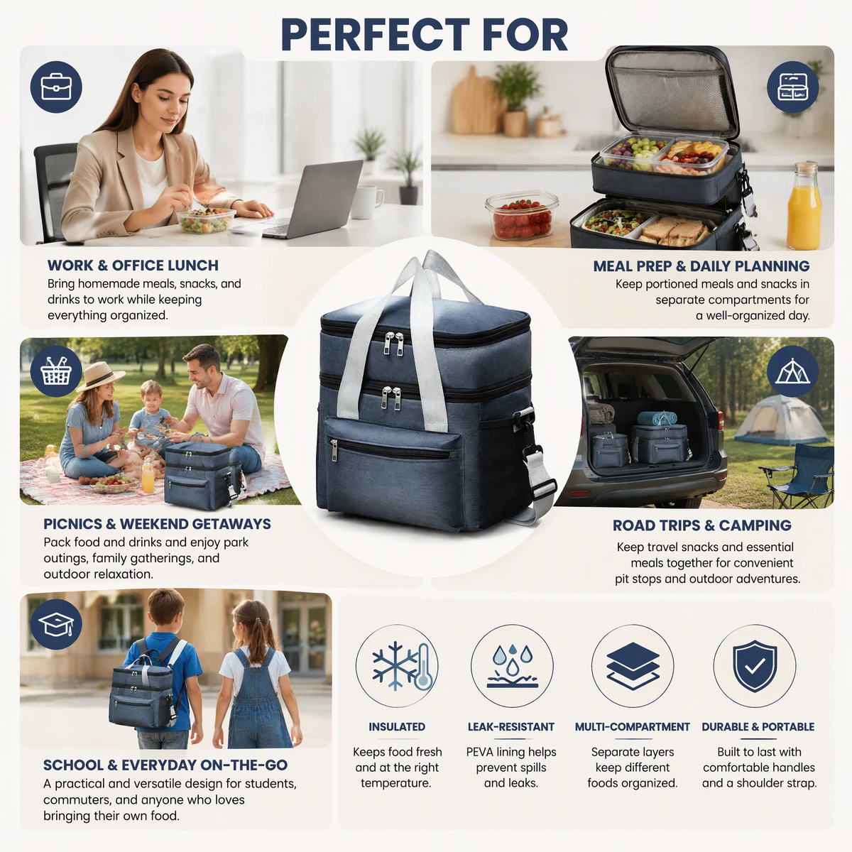 Insulated Lunch Cooler Bag with Leakproof Double-Decker Design