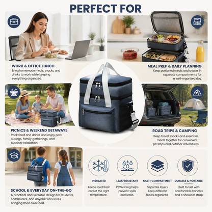 Insulated Lunch Cooler Bag with Leakproof Double-Decker Design