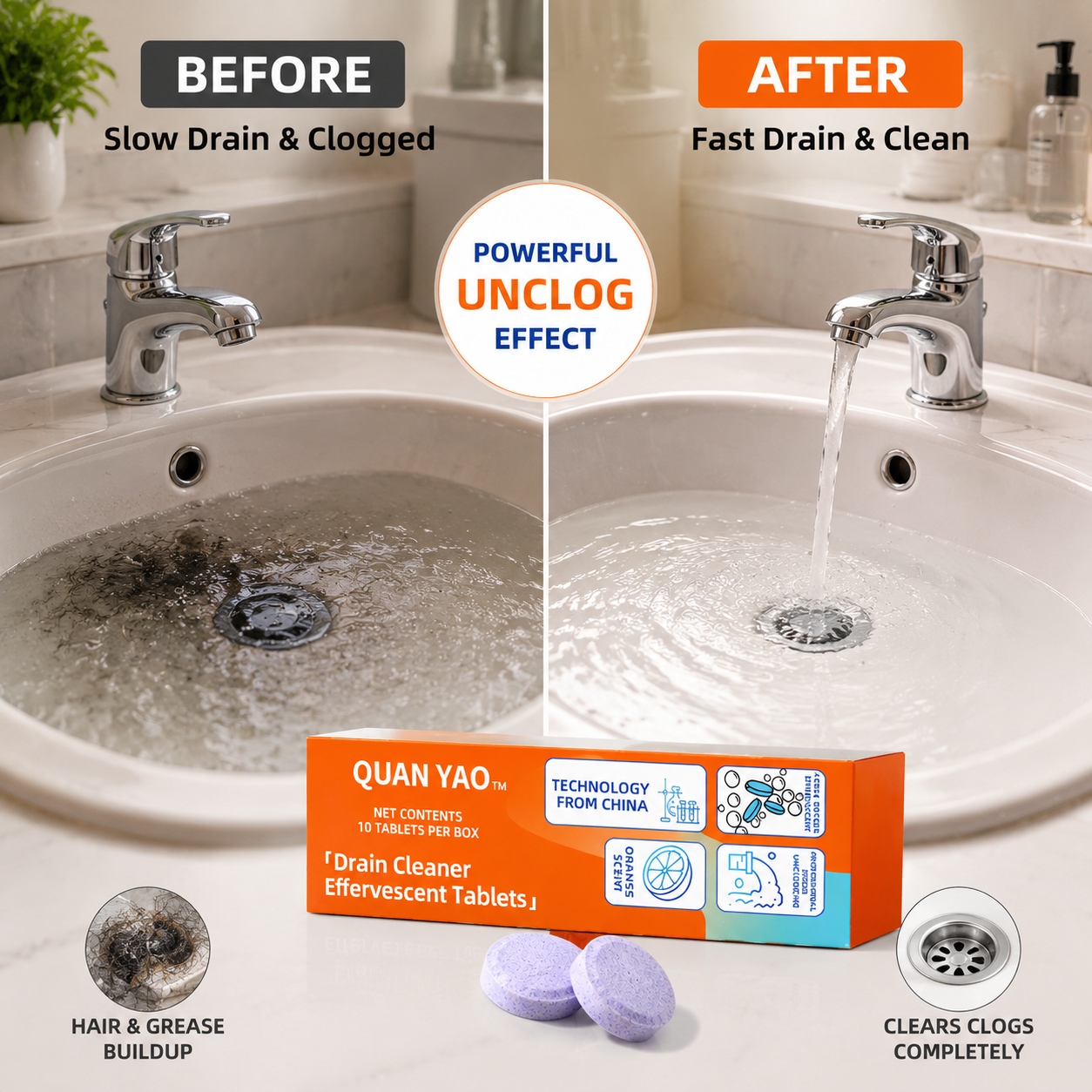 Drain Cleaner Effervescent Tablets for Fresh & Clear Pipes