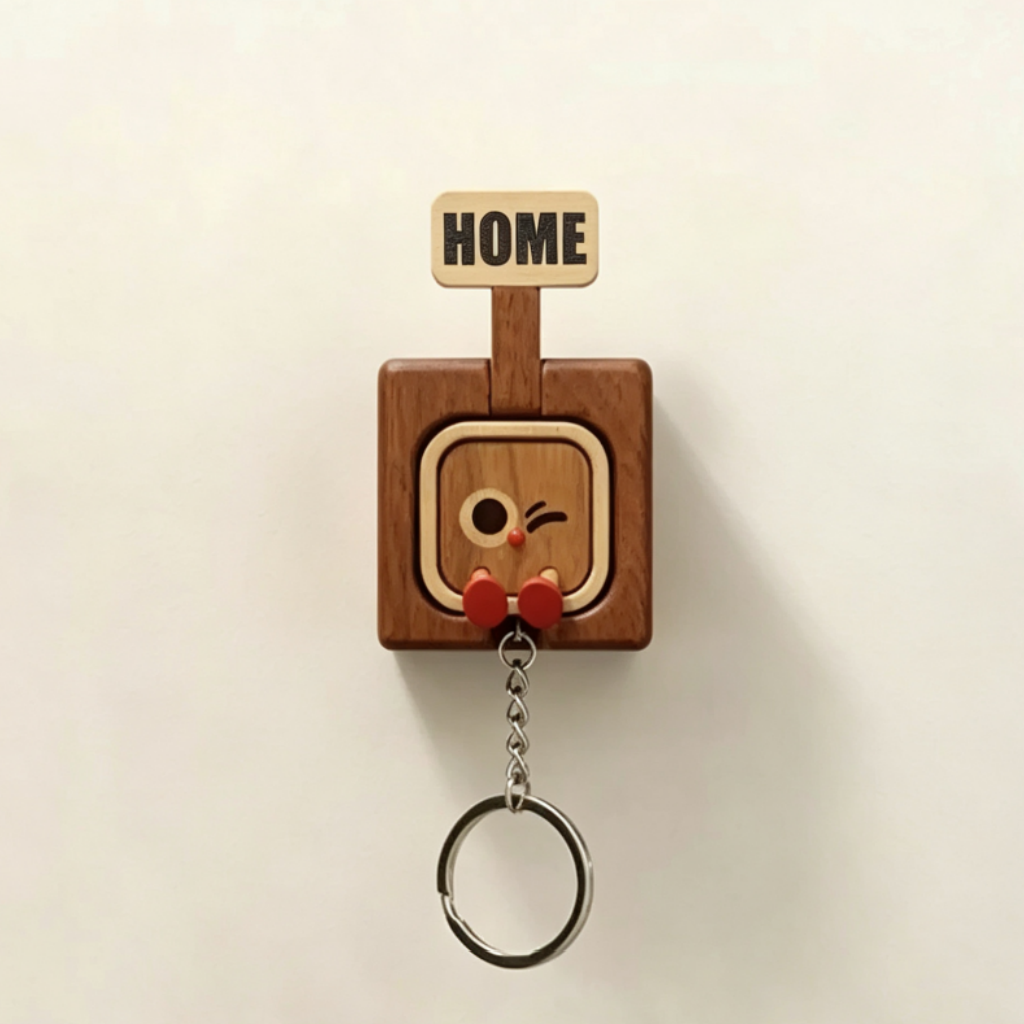 Handmade Wooden Magnetic Key Holder – 3 Cute Cartoon Wall Hooks & Charms
