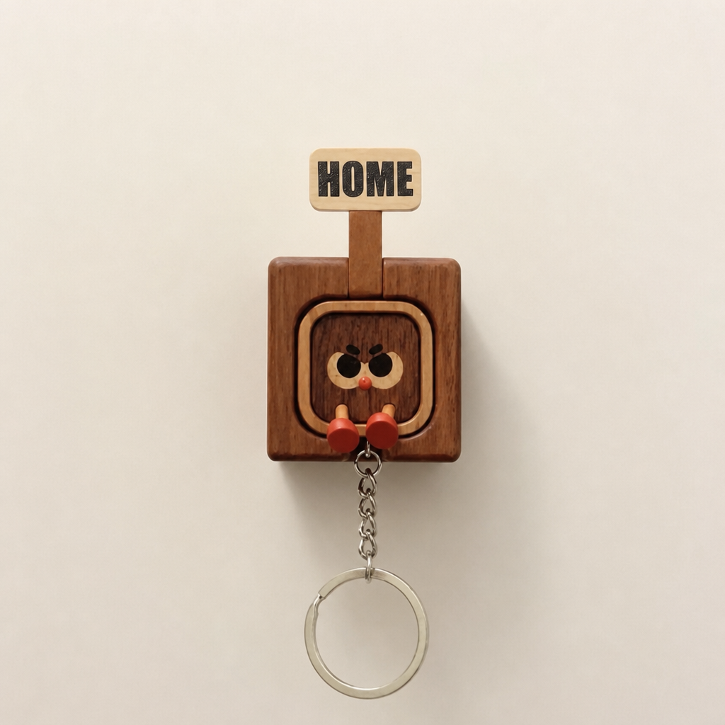 Handmade Wooden Magnetic Key Holder – 3 Cute Cartoon Wall Hooks & Charms