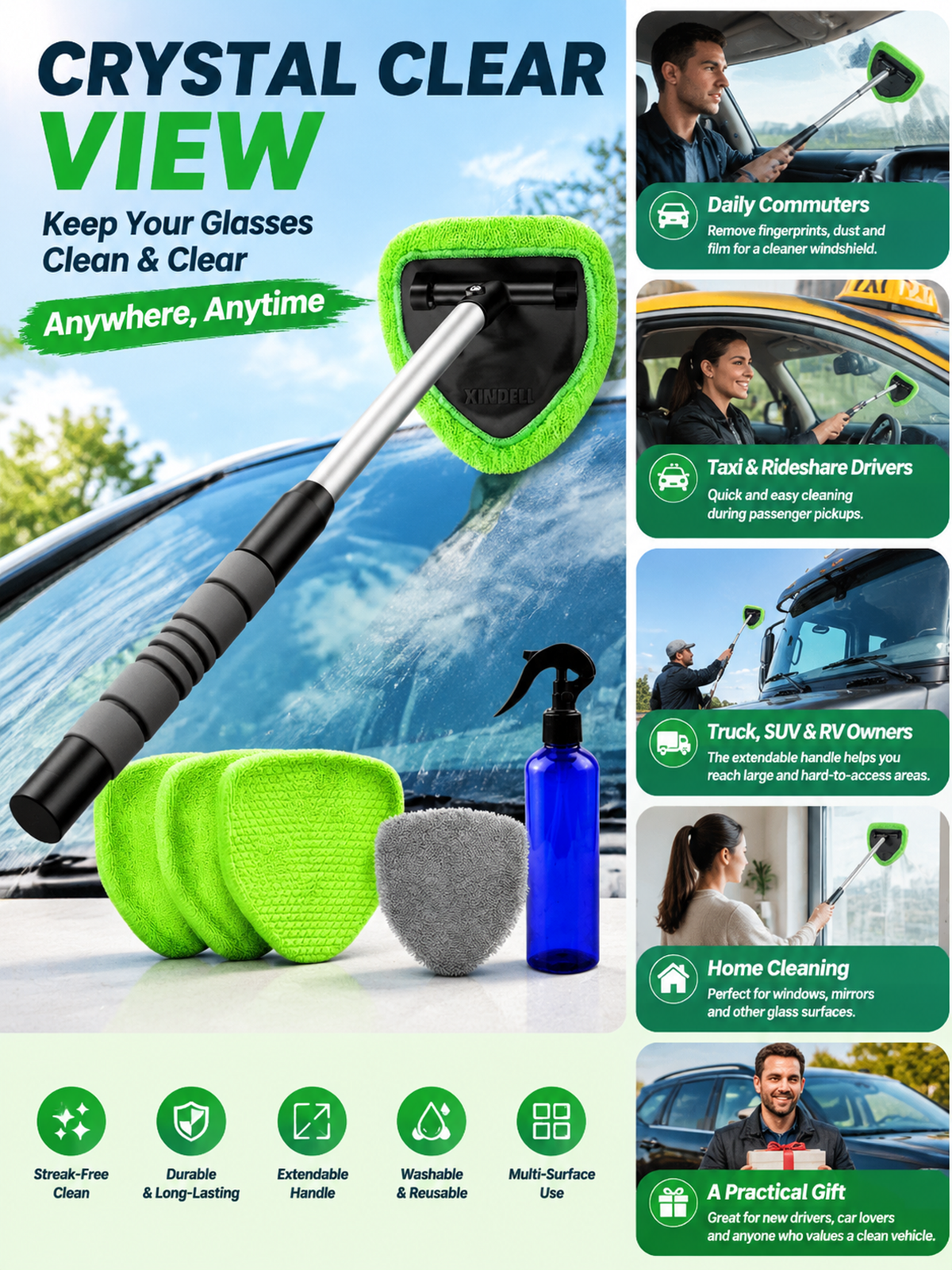 Extendable Windshield Cleaner Tool with 5 Microfiber Pads