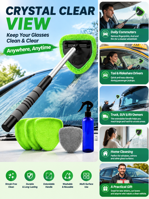 Extendable Windshield Cleaner Tool with 5 Microfiber Pads