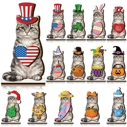 Halloween Cat Decor – Interchangeable Magnetic Wooden Sign with Detachable Hats for All Holidays