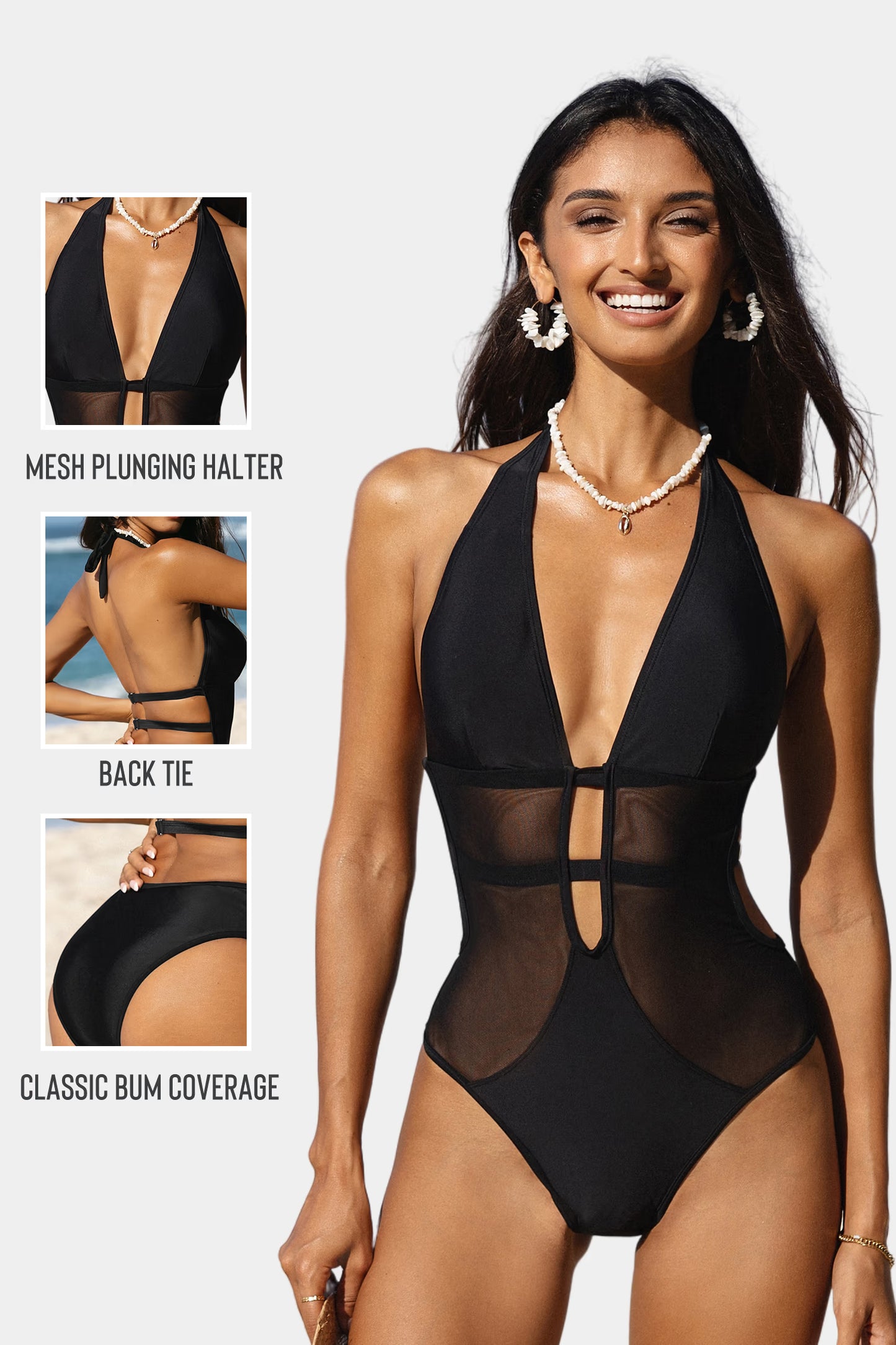 Mesh Plunging Halter One Piece Swimsuit