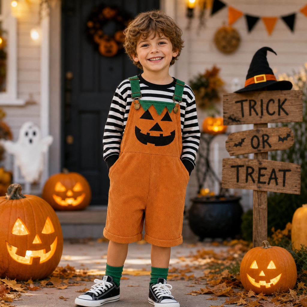 Toddler Halloween Corduroy Overalls – Pumpkin & Devil Print, Sleeveless Romper