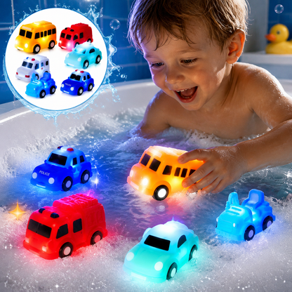 6-Pack Light-Up Bath Cars – Water-Activated Flashing Construction & Traffic Vehicles