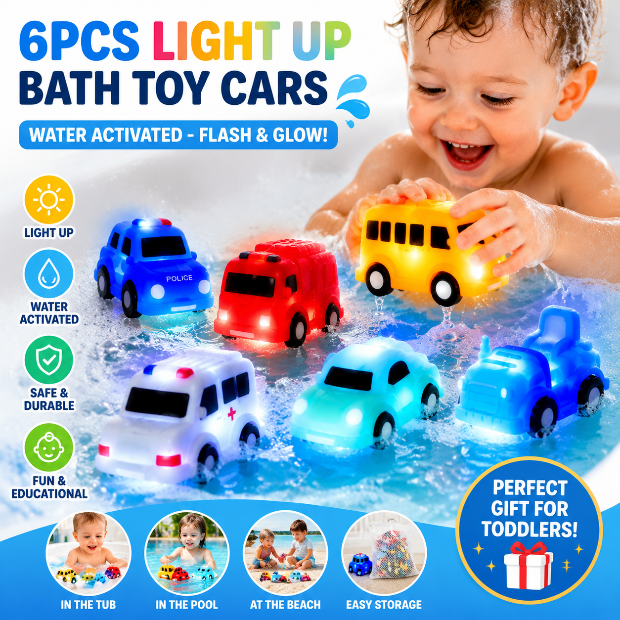 6-Pack Light-Up Bath Cars – Water-Activated Flashing Construction & Traffic Vehicles