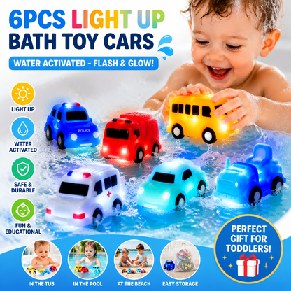 6-Pack Light-Up Bath Cars – Water-Activated Flashing Construction & Traffic Vehicles