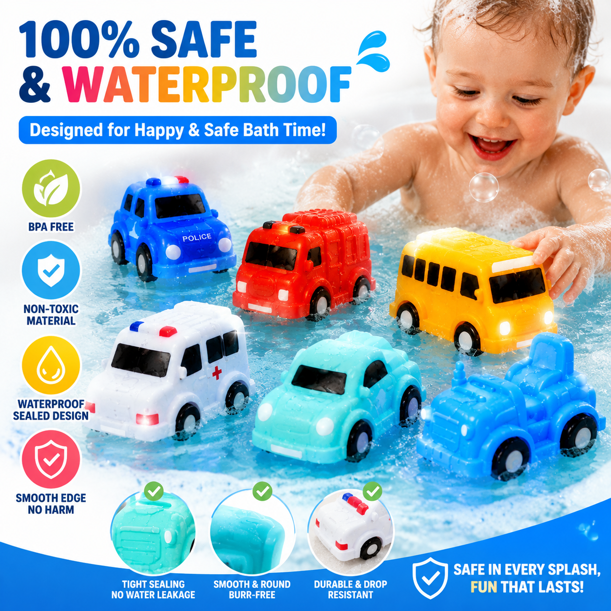6-Pack Light-Up Bath Cars – Water-Activated Flashing Construction & Traffic Vehicles