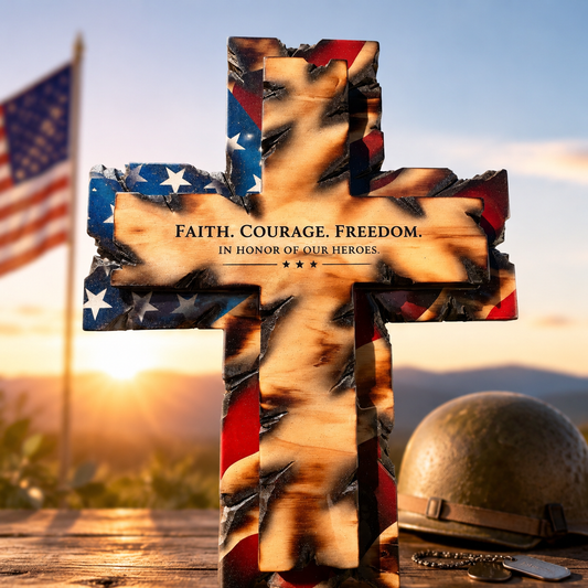 Handcrafted Tattered Flag Cross with Inspiring Verse – Rustic Faith Wall Art