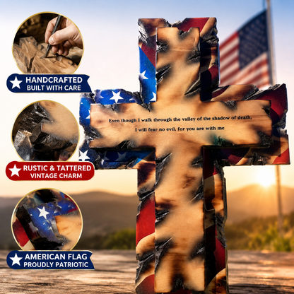 Handcrafted Tattered Flag Cross with Inspiring Verse – Rustic Faith Wall Art