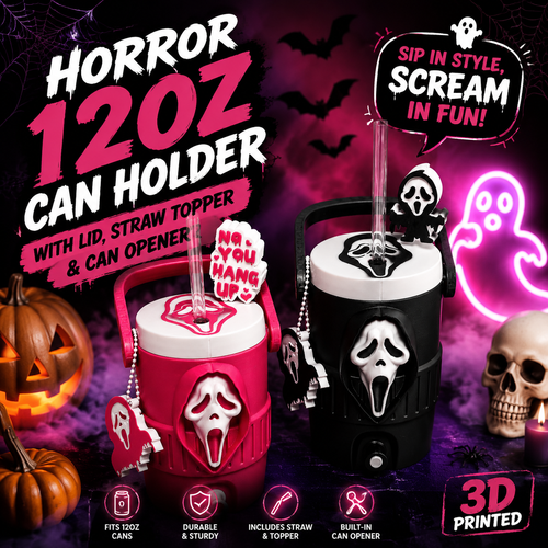 Horror 3D Printed Can Holder – 12oz with Lid, Straw Topper & Opener