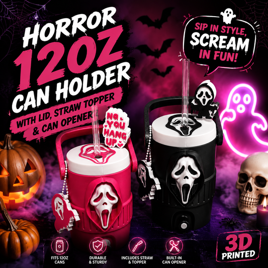 Horror 3D Printed Can Holder – 12oz with Lid, Straw Topper & Opener