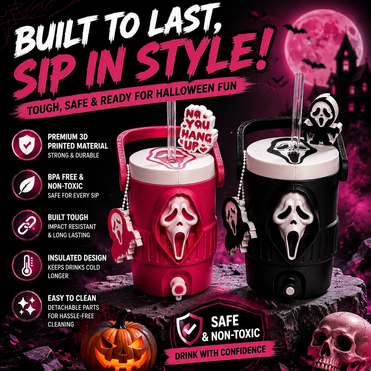 Horror 3D Printed Can Holder – 12oz with Lid, Straw Topper & Opener