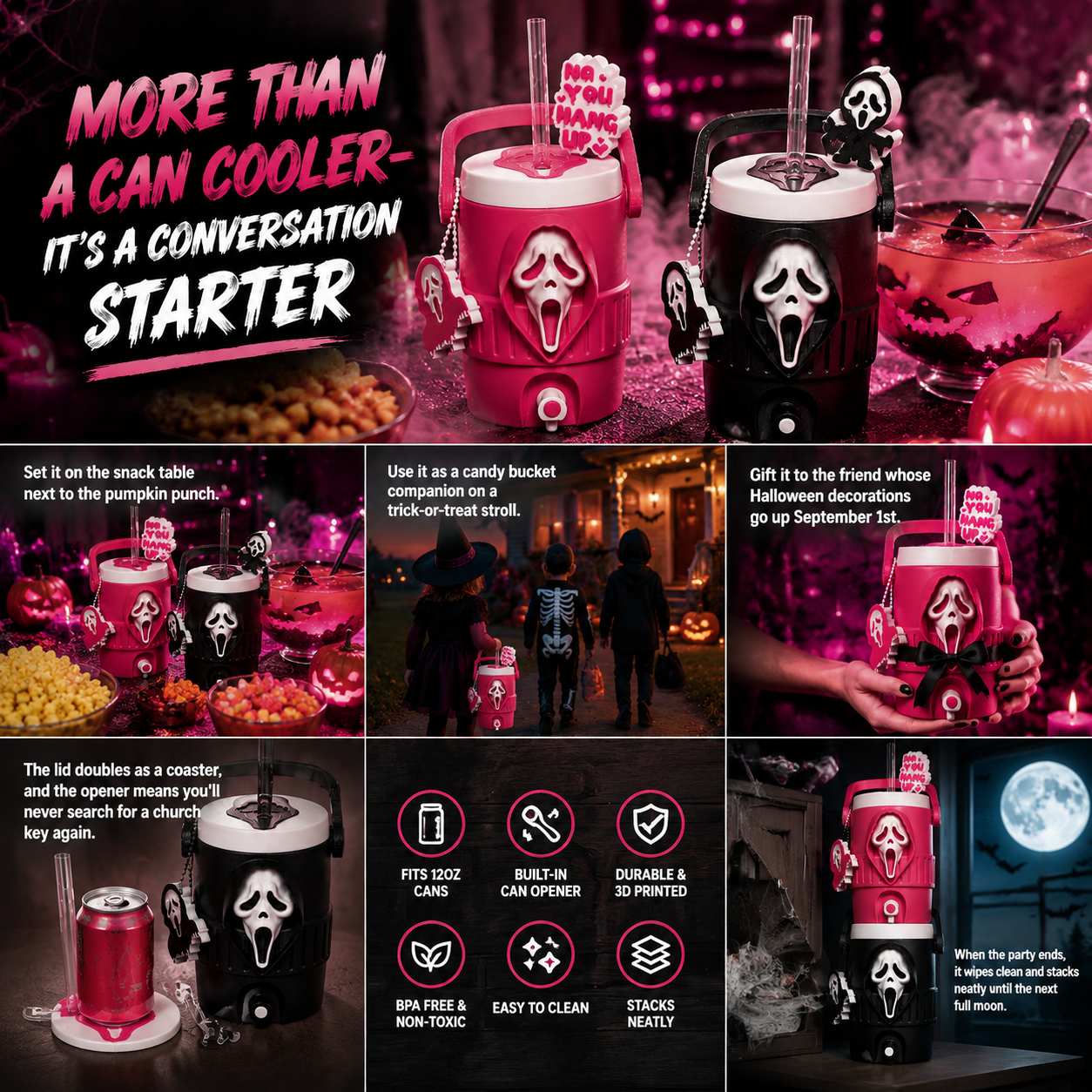 Horror 3D Printed Can Holder – 12oz with Lid, Straw Topper & Opener