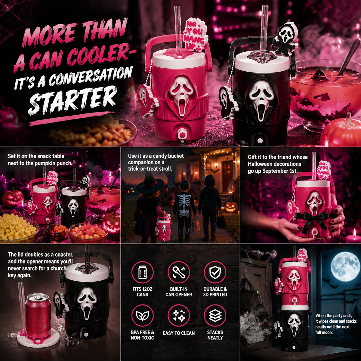 Horror 3D Printed Can Holder – 12oz with Lid, Straw Topper & Opener