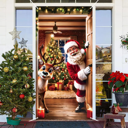 Santa & Reindeer Christmas Door Banner – Large Reusable Holiday Decor