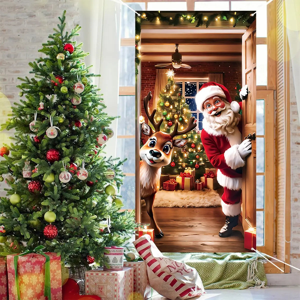 Santa & Reindeer Christmas Door Banner – Large Reusable Holiday Decor