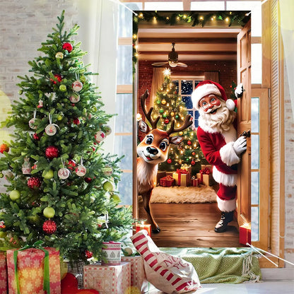 Santa & Reindeer Christmas Door Banner – Large Reusable Holiday Decor