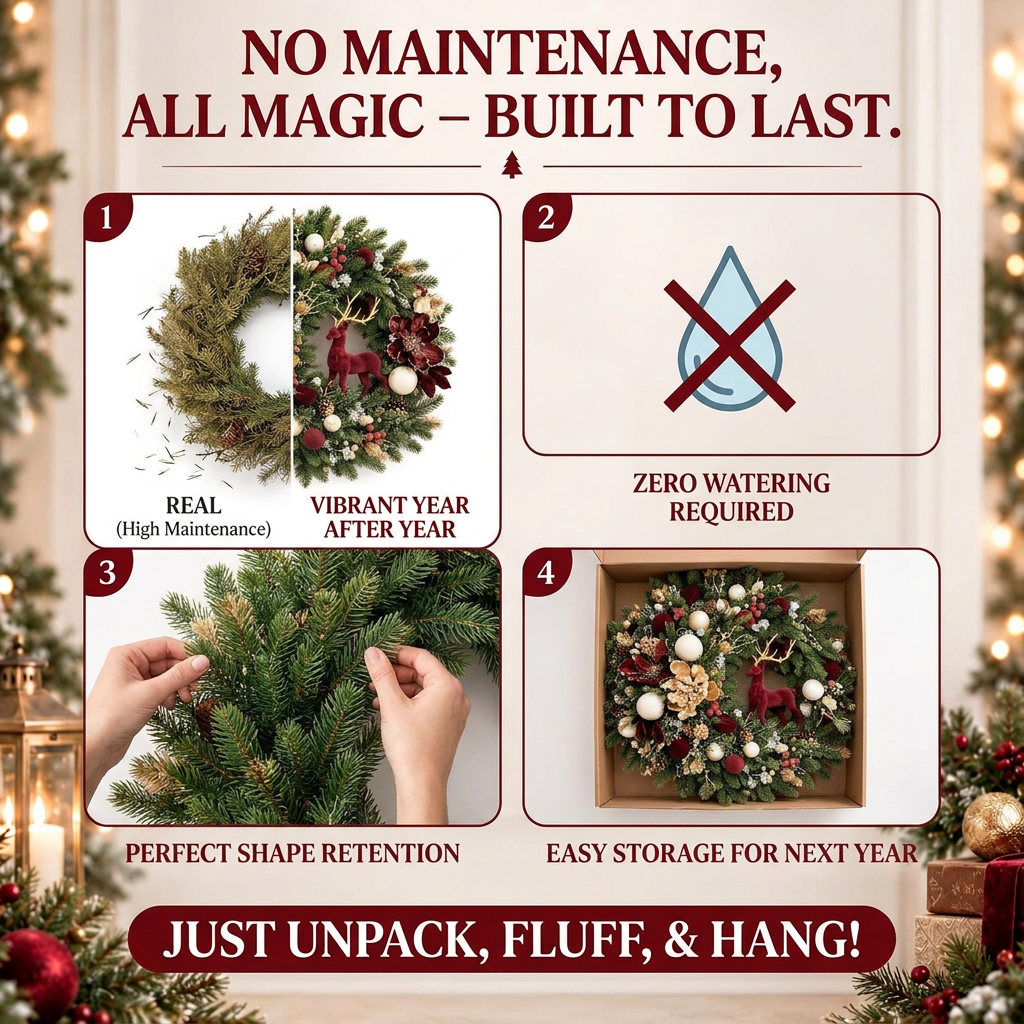 Comparison of fresh seasonal greenery with artificial Christmas wreath display and storage