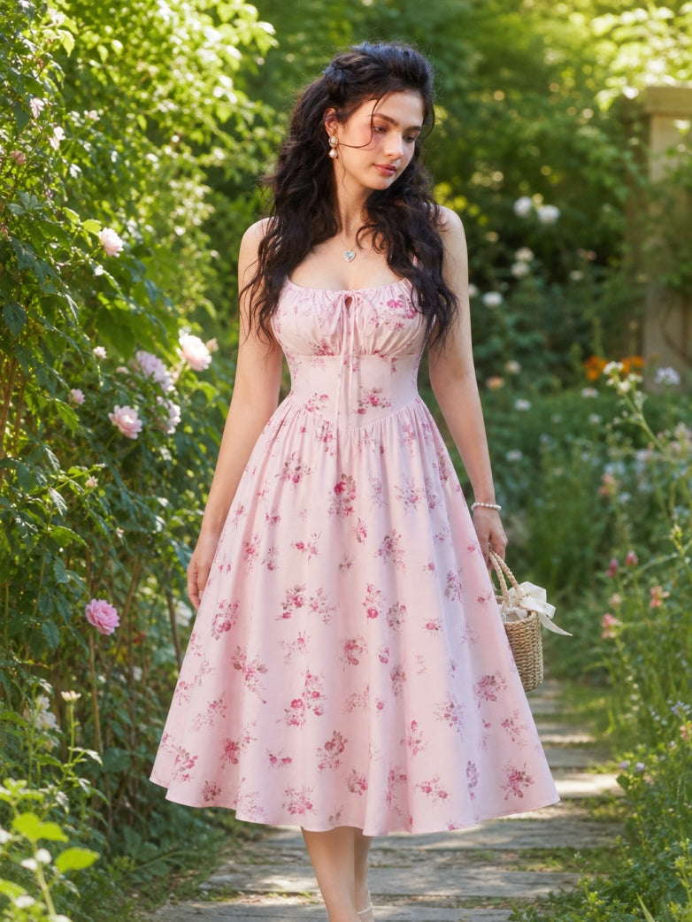 Women’s Floral Midi Corset Sundress – Summer Spring Vacation Milkmaid Style