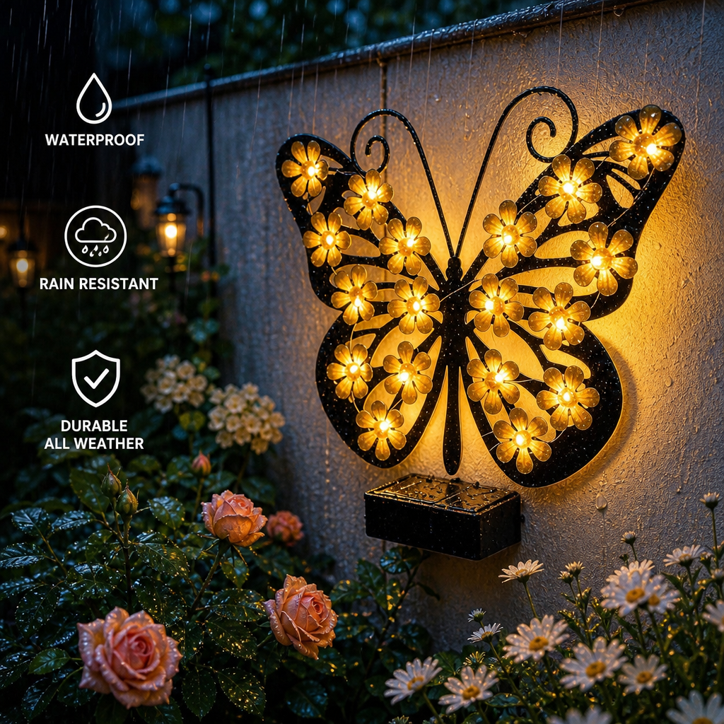 Solar Metal Butterfly Wall Art Light – 30 LED Outdoor Garden Decor Gift
