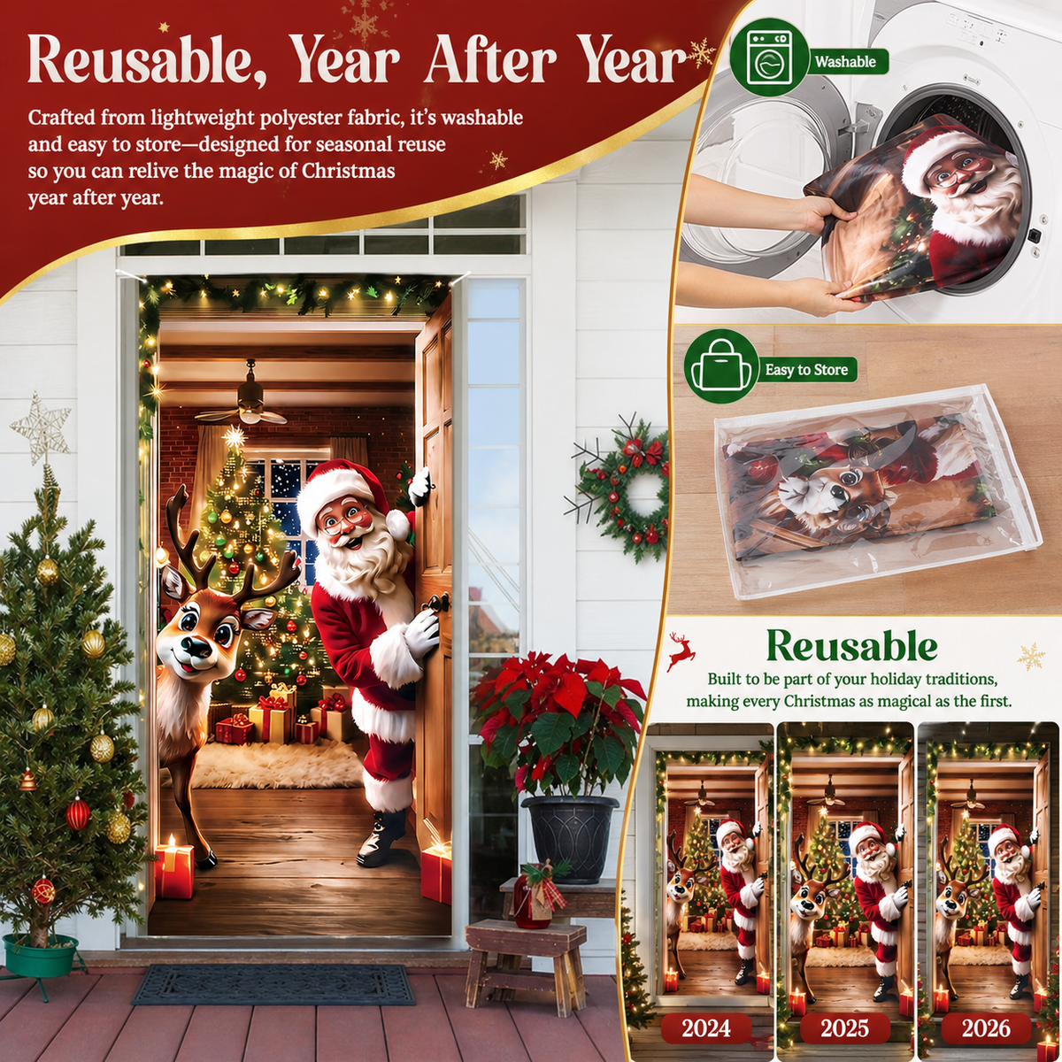 Santa & Reindeer Christmas Door Banner – Large Reusable Holiday Decor